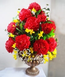 Hoa lụa, hoa giả Uyên shop, Bình hoa lớn mẫu đơn đỏ