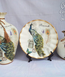 Hoa lụa, hoa giả Uyên shop, Bộ 3 chim công