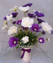 Hoa lụa, hoa giả Uyên shop, Bình hoa cánh bướm mầu trắng tím