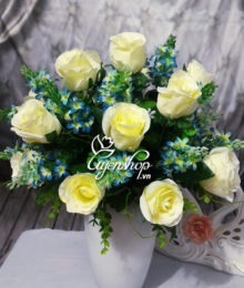 Hoa lụa, hoa giả Uyên shop, Bình hoa hồng trắng