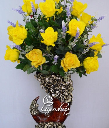 Hoa lụa, hoa giả Uyên shop, Bình hoa hồng vàng