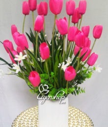 Hoa lụa, hoa giả Uyên shop, Bình hoa Tulip hồng