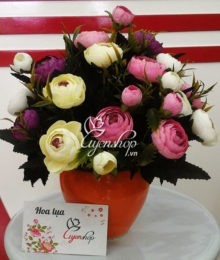 Hoa lụa, hoa giả Uyên shop, Lọ Hoa Trà trắng tím