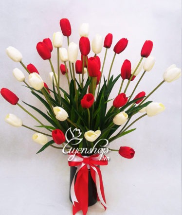 Hoa lụa, hoa giả Uyên shop, Rực rỡ cùng Tulip màu trắng đỏ