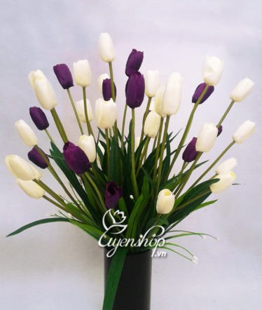 Hoa lụa, hoa giả Uyên shop, Sang trọng cùng tulip trắng tím
