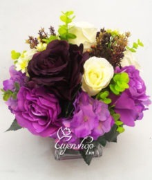 Hoa lụa, hoa giả Uyên shop, Lọ hoa hồng tím thủy tinh