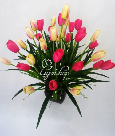 Hoa lụa, hoa giả Uyên shop, Bình hoa tulip hồng