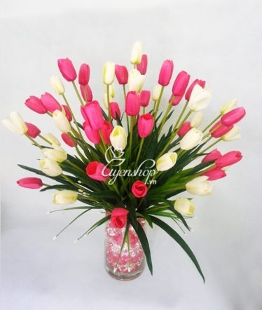 Hoa lụa, hoa giả Uyên shop, Hoa tulip trắng hồng