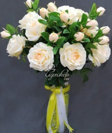 Hoa lụa, hoa giả Uyên shop, Bình hoa Hồng Kem