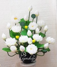 Hoa lụa, hoa giả Uyên shop, Bình sen trắng