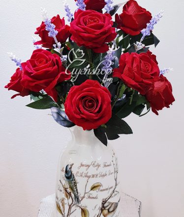 Hoa lụa, hoa giả Uyên shop, Bình Hồng Nhung đỏ