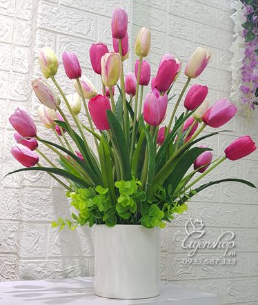 Hoa lụa, hoa giả Uyên shop, Bình Tulip Hồng