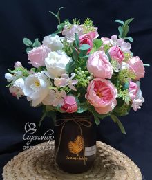 Hoa lụa, hoa giả Uyên shop, Bình Hoa Trà Hồng