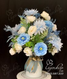 Hoa lụa, hoa giả Uyên shop, Bình hoa nghệ thuật xanh