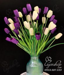 Hoa lụa, hoa giả Uyên shop, Bình Tulip trắng tím