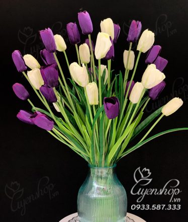 Hoa lụa, hoa giả Uyên shop, Bình Tulip trắng tím