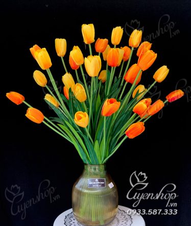 Hoa lụa, hoa giả Uyên shop, Bình Tulip Vàng Cam