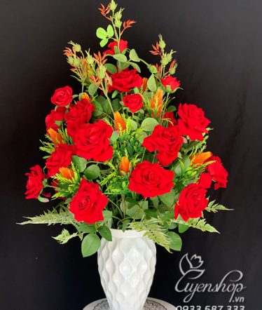 Hoa lụa, hoa giả Uyên shop, Bình Hồng Nhung Đỏ