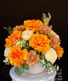 Hoa lụa, hoa giả Uyên shop, Hoa để bàn Thược Dược tone cam