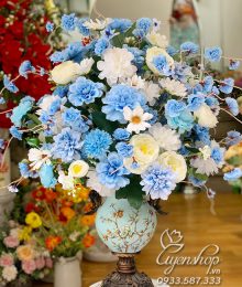 Hoa lụa, hoa giả Uyên shop, Bình hoa xanh phong cách Châu Âu