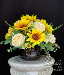 Hoa lụa, hoa giả Uyên shop, Bình Hướng Dương kết hợp Trà David