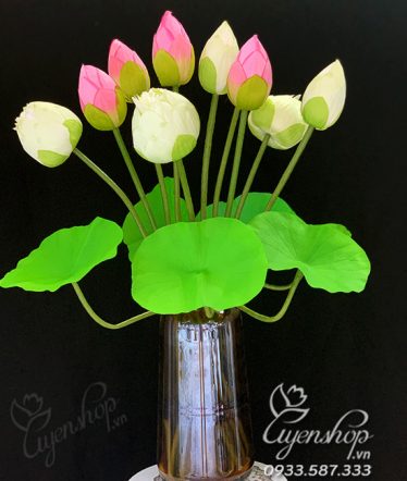 Hoa lụa, hoa giả Uyên shop, Bình Sen Trắng – Hồng