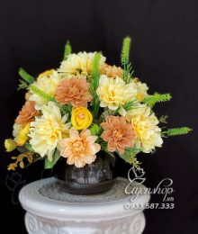 Hoa lụa, hoa giả Uyên shop, HOA ĐỂ BÀN THƯỢC DƯỢC TONE VÀNG