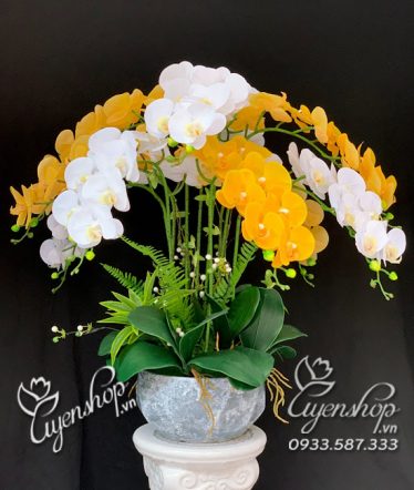 Hoa lụa, hoa giả Uyên shop, Chậu Lan Trắng – Vàng Sang Trọng