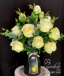 Hoa lụa, hoa giả Uyên shop, Bình hoa Hồng Kem