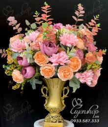 Hoa lụa, hoa giả Uyên shop, Bình Hoa Trà tone nâu tây sang trọng