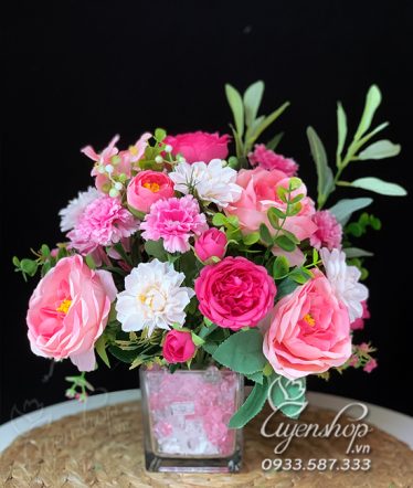 Hoa lụa, hoa giả Uyên shop, Hoa để bàn tone hồng xinh xắn