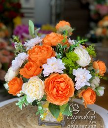 Hoa lụa, hoa giả Uyên shop, Hoa để bàn tone cam rực rỡ