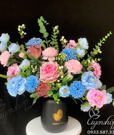 Hoa lụa, hoa giả Uyên shop, Bình hoa nghệ thuật tone xanh