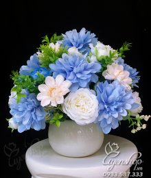 Hoa lụa, hoa giả Uyên shop, Hoa để bàn tone Xanh tươi