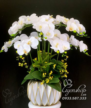 Hoa lụa, hoa giả Uyên shop, Chậu Lan trắng tinh khôi