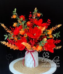 Hoa lụa, hoa giả Uyên shop, Rực rỡ sắc đỏ cùng bình Mộc Lan