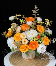 Hoa lụa, hoa giả Uyên shop, Hoa để bàn tone vàng