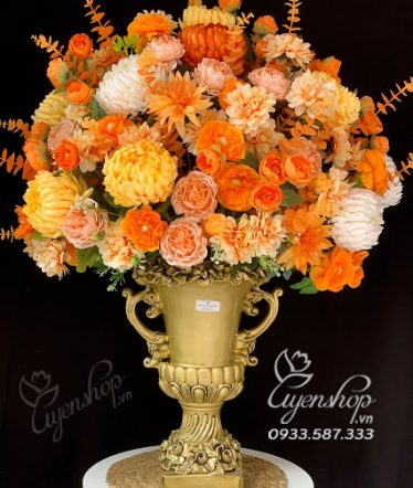 Hoa lụa, hoa giả Uyên shop, Bình hoa phòng khách tone cam