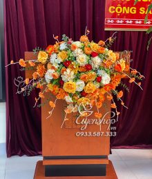 Hoa lụa, hoa giả Uyên shop, Hoa bục phát biểu tone cam