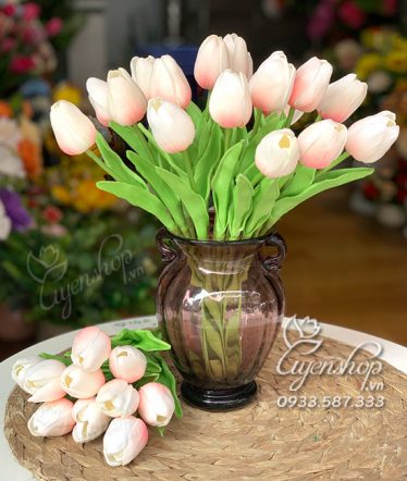 Hoa lụa, hoa giả Uyên shop, Bình hoa Tulip Hồng Phớt