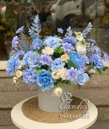 Hoa lụa, hoa giả Uyên shop, GIỎ HOA LỤA TONE XANH