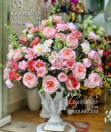 Hoa lụa, hoa giả Uyên shop, Lư hoa lụa cao cấp tone hồng