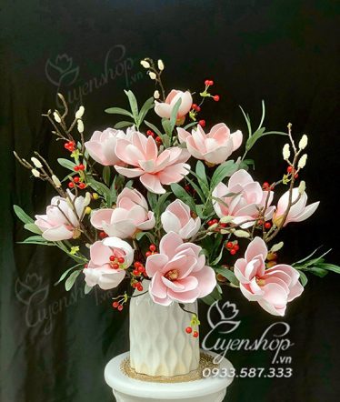 Hoa lụa, hoa giả Uyên shop, Bình Mộc Lan hồng xinh xắn