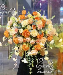 Hoa lụa, hoa giả Uyên shop, Hoa bục phát biểu tone cam