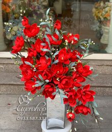 Hoa lụa, hoa giả Uyên shop, Bình hoa mộc lan đỏ