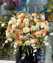Hoa lụa, hoa giả Uyên shop, HOA BỤC PHÁT BIỂU TONE CAM