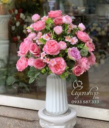 Hoa lụa, hoa giả Uyên shop, BÌNH HOA TONE HỒNG XINH