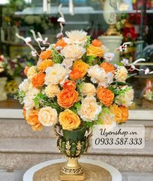 Hoa lụa, hoa giả Uyên shop, LƯ HOA LỤA CAO CẤP TONE CAM