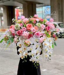 Hoa lụa, hoa giả Uyên shop, Hoa bục phát biểu cao cấp tone hồng