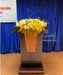Hoa lụa, hoa giả Uyên shop, Hoa bục phát biểu tone vàng